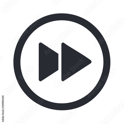 Forward media control button or icon in black circle. Double arrow graphic design element for fast forwarding