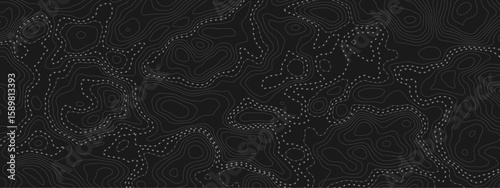  topographic map with contour lines and dotted paths on a dark background creating an abstract pattern modern design element.