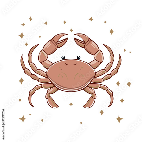 Cartoon crab with cute smiling face and shining stars for children's books or graphics