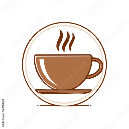 Steaming Coffee Cup Illustration in Brown Hues, Isolated on White, Framed in Circle