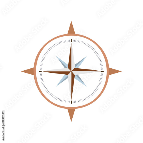 Illustration of a stylized compass rose with cardinal directions and pointer arrows for navigation on sea travel and map reading design asset