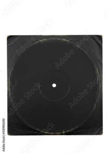 A worn, dusty black cardboard record sleeve with subtle scratches, scuffs, faded edges, and a clear debossed vinyl imprint, matte texture, on a transparent isolated background with no shadows,