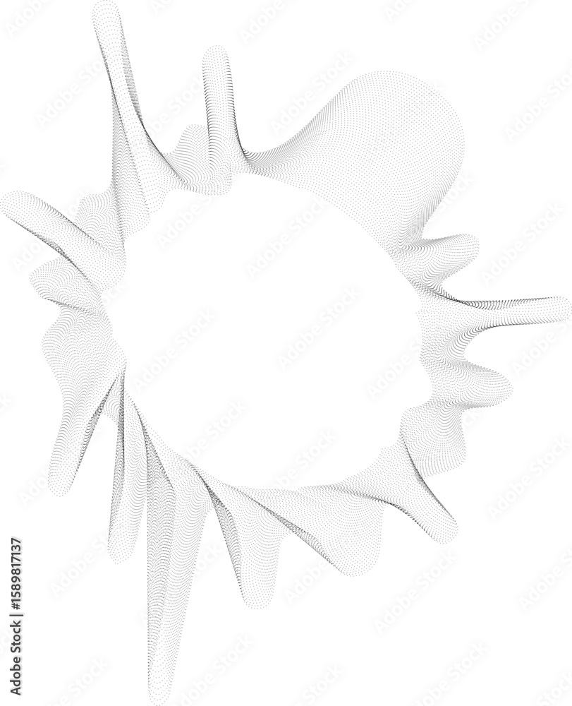 Fototapeta premium Abstract design with a central hollow circle surrounded by heavy radial dotted extensions resembling dripping rays.