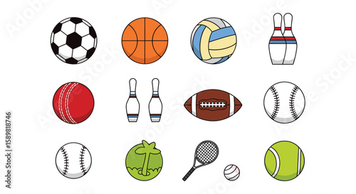 Collection of sports balls and equipment for active recreation and fitness games