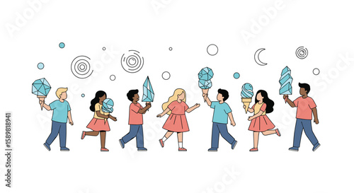 Diverse group of children enjoying sweet ice cream cones on a bright sunny day together