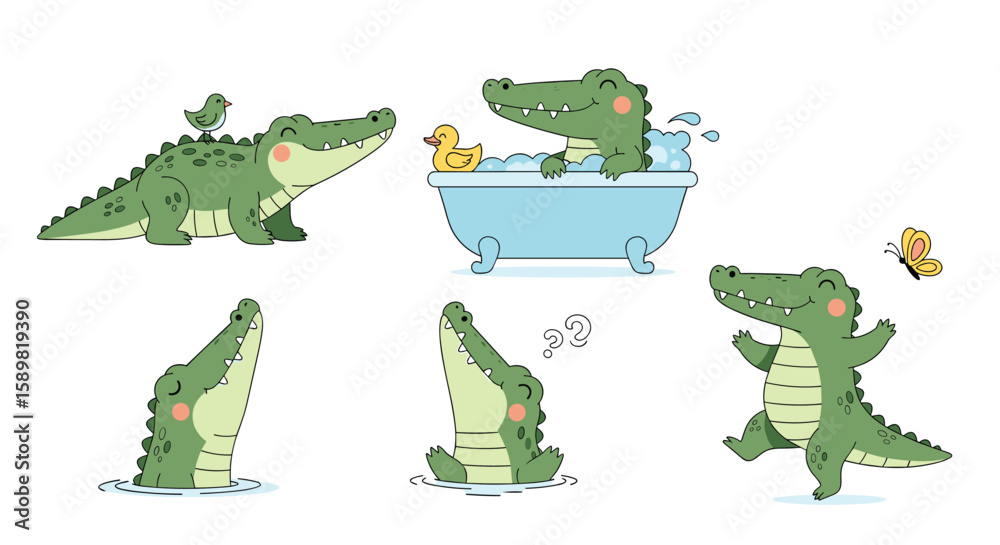 Fototapeta premium Adorable cartoon alligators engage in various playful activities a delightful collection of playful reptile illustrations