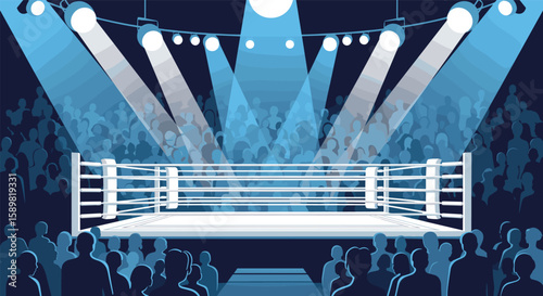 Boxing ring under bright lights with enthusiastic crowd watching the championship match