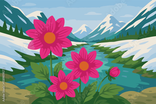 🌸 Vibrant pink flowers bloom by a snowy mountain river 🌸 bringing hope & freshness — download this HD vector & brighten your project today! 🌸