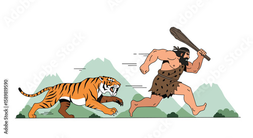 Prehistoric man with club pursued by large tiger through lush green landscape