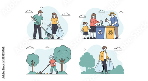 People actively participating in community cleanup efforts and promoting environmental responsibility through organized outdoor activities