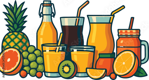 🍹✨TASTE THE TROPICS!🍊🍍 This colorful AI vector features tropical fruits and fresh juices in vibrant glasses—perfect for menus, ads, or summer art! Download now for a fruity splash! 🍓🧃🌴
