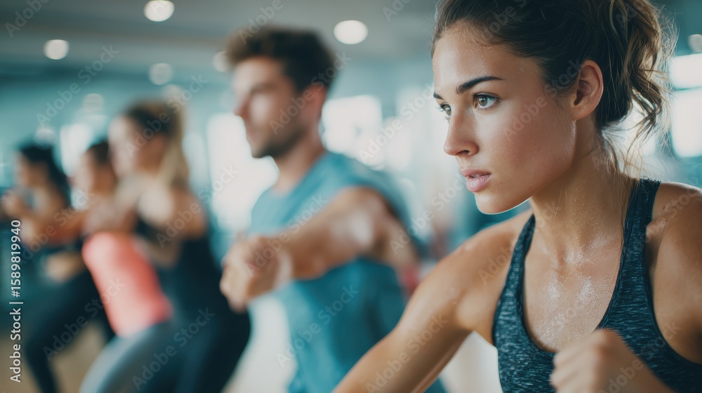 Obraz premium fitness, sport and healthy lifestyle concept - group of people exercising in gym, no logos, no brands