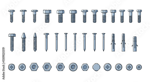 Collection of various metal fasteners showing different head and thread designs for construction and manufacturing applications