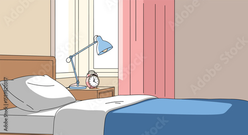 An alarm clock rings by a bedside lamp near a window with pink curtains
