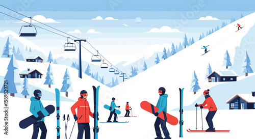 Mountain ski resort scene with people and cable cars in winter snow season