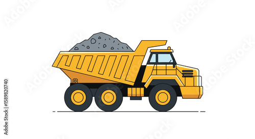 Heavy duty yellow dump truck loaded with gravel for construction work transportation
