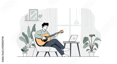 Musician learning guitar online through digital lessons and studying music composition techniques