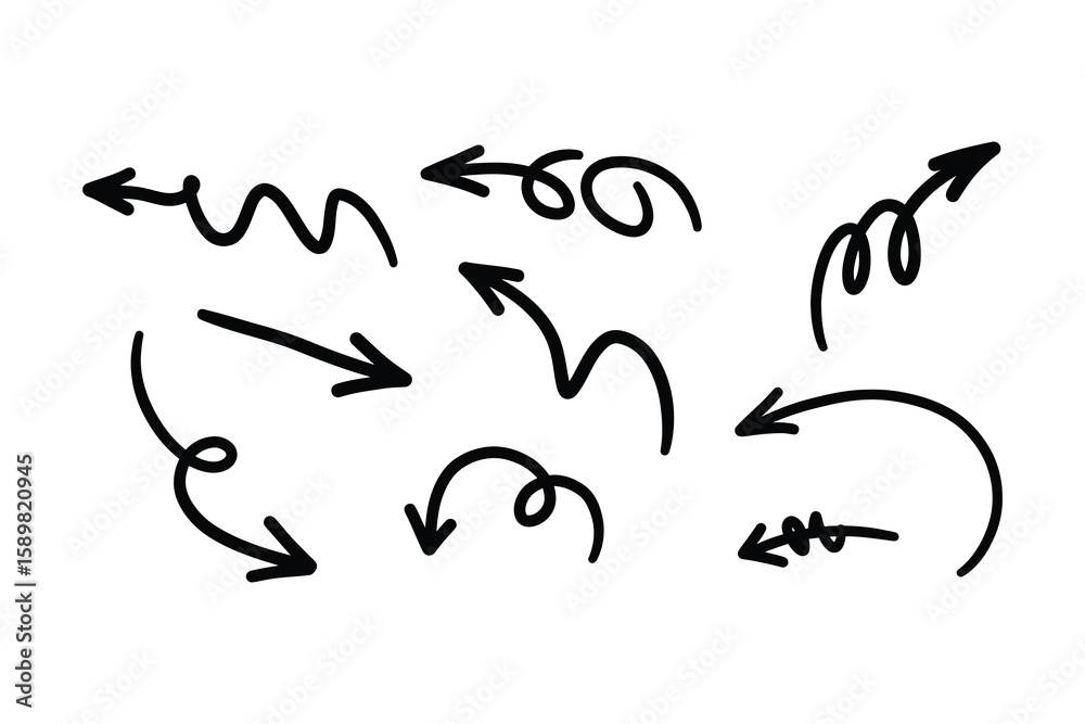 Obraz premium Various hand drawn black arrows pointing in different directions on a plain white background illustration