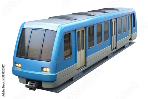 Modern blue and gray passenger train on white background