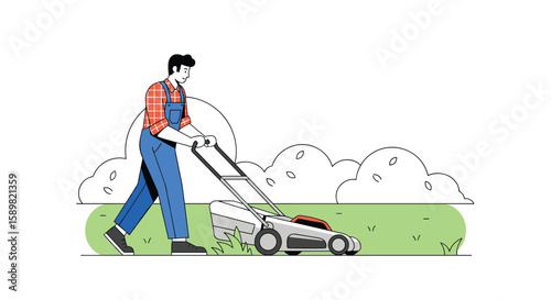 Professional gardener mowing green grass with lawn mower in sunny backyard outdoor activity