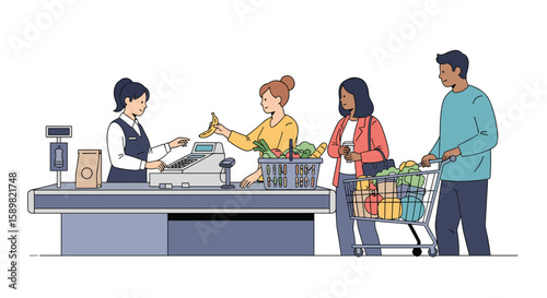 Diverse shoppers wait patiently in line at a grocery store checkout counter