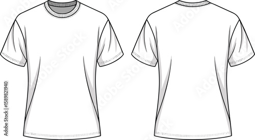  Blank White Crew Neck Short Sleeve T-Shirt Design Technical Flat Sketch - Front and Back Views, Apparel Mockup Vector Template