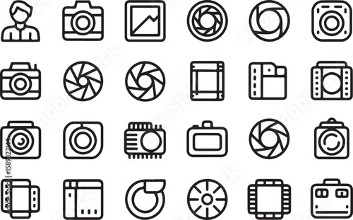 Camera lens aperture and photography icons film