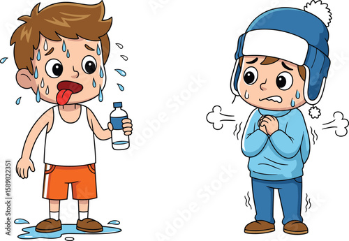 Boy feeling hot and cold, vector illustration, sweating kid holding bottle, shivering boy with winter hat, temperature contrast, SEO keywords.