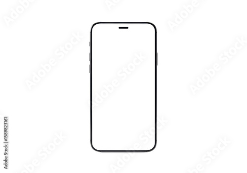 A modern smartphone with a minimalist design, sleek body, and centered punch-hole camera on an entirely blank white screen, isolated on a pristine studio white background with copy space, clean