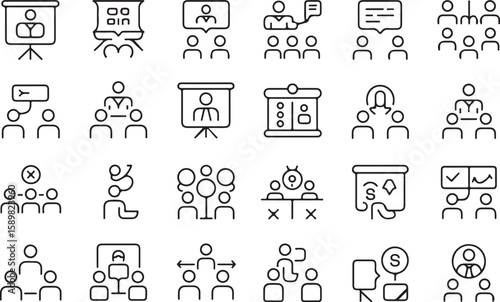 Presentation meeting discussion collaboration teamwork icons vector