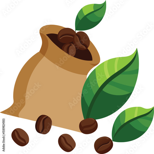 Fresh coffee beans in sack with green leaves