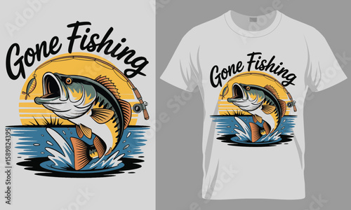 "Gone Fishing T-Shirt Design with Jumping Bass, Sunset & Lake Water Splash | Angler Life"

