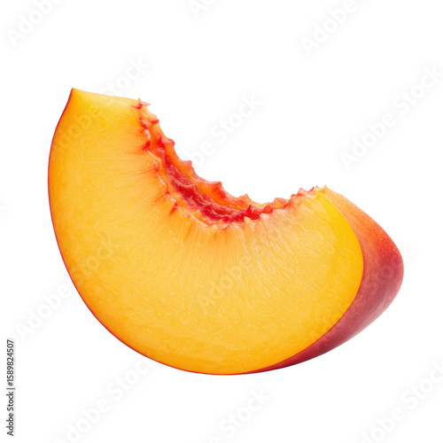 A single peach slice with yellow-orange flesh, reddish skin, and a distinct bite mark, isolated on a transparent background with bright studio lighting. Concept of freshness and deliciousness