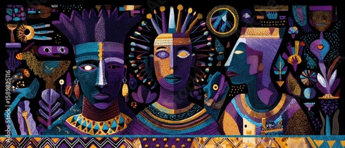 Maximalist Illustration of African Proverb with Stylized Tribal Faces and Symbolic Motifs