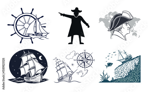 Collection of nautical themed vector illustrations featuring ships a captain a compass and maritime elements
