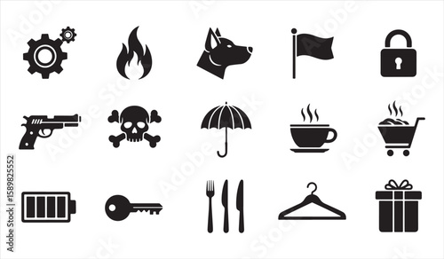Collection of black silhouette icons representing various concepts and objects on a white background