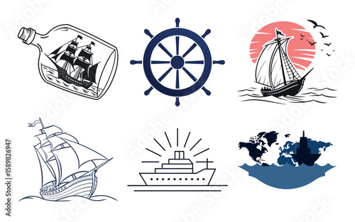 Set of Nautical Illustrations Featuring Sailing Ships a Ship Wheel and a World Map with Cruise Ship