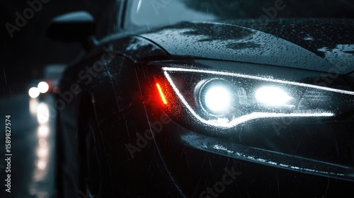 Close-up of car headlights in rain