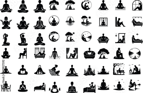 Mindful Meditation Pose – Person Sitting Silhouette Vector Peaceful Sitting Person Silhouette – Calm Pose Icon Set