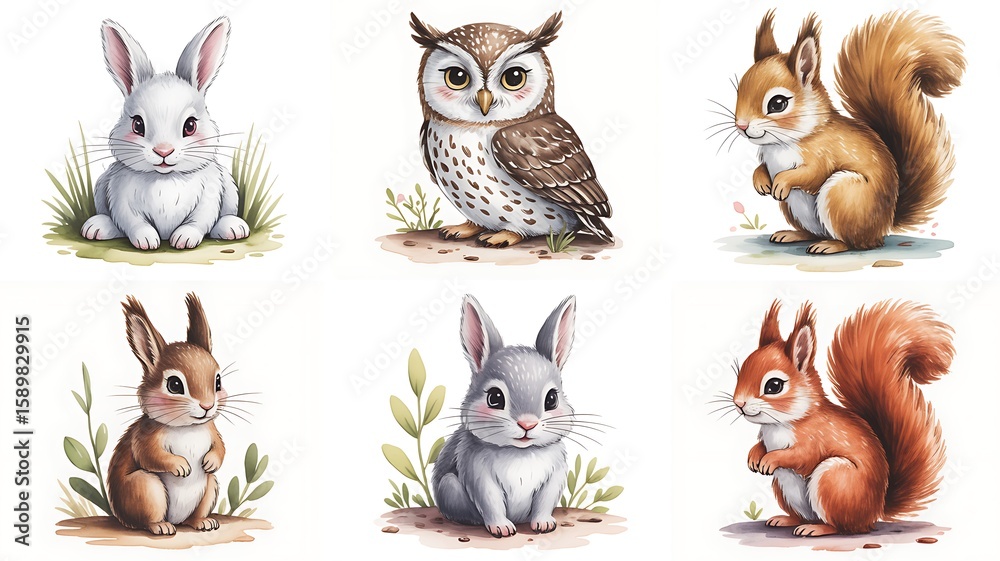 Fototapeta premium Cute Forest Animals Collection Featuring Bunnies Owls and Squirrels in Watercolor Style