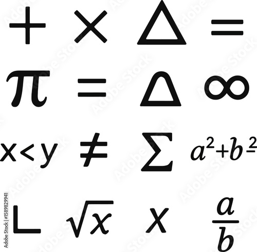 Mathematical Symbols Collection Displaying Plus Sign Multiplication Triangle Pi Infinity Summation and More Including Fraction Root Equation and Geometric Figures