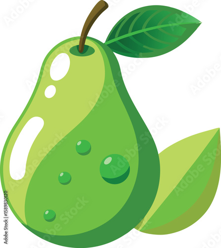 Fresh green pear with water droplets and leaf
