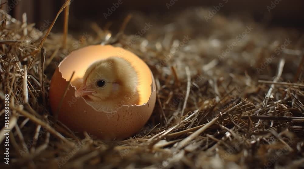 A chick sitting inside a cracked eggshell on a bed of straw, slow soft movements, warm barn lighting