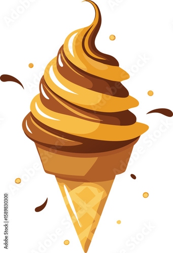Swirl soft serve ice cream cone with chocolate drizzle