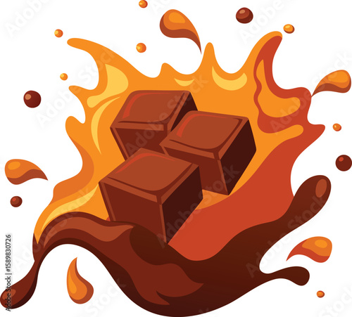 Rich chocolate cubes splashing in caramel sauce