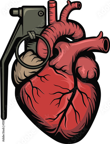 A stylized illustration of a human heart depicted as a hand grenade concept design