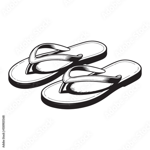 Black and white outline drawing of two flip flops silhouette isolated on white background