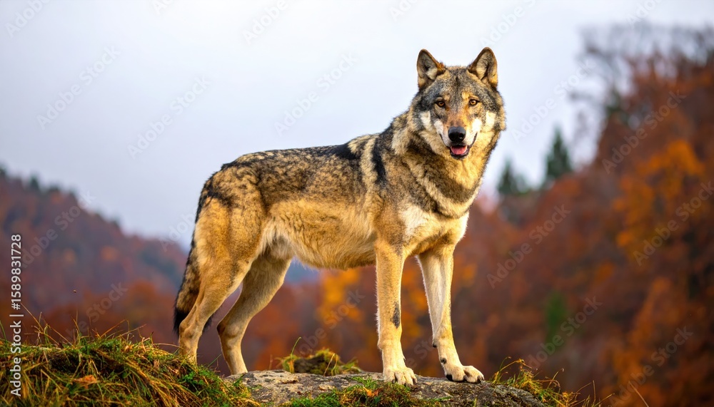 Naklejka premium A wolf stands proudly on a rock overlooking autumnal forest