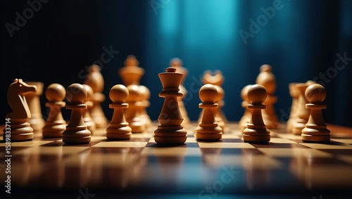 A chess board with white pieces arranged for a game against a dark blue background and soft lighting
