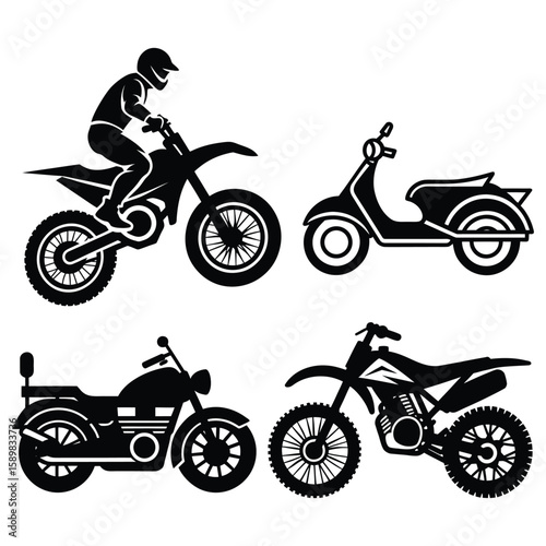 motorcycle elements, Collection of four black silhouette vector illustrations of motorcycles and a scooter

